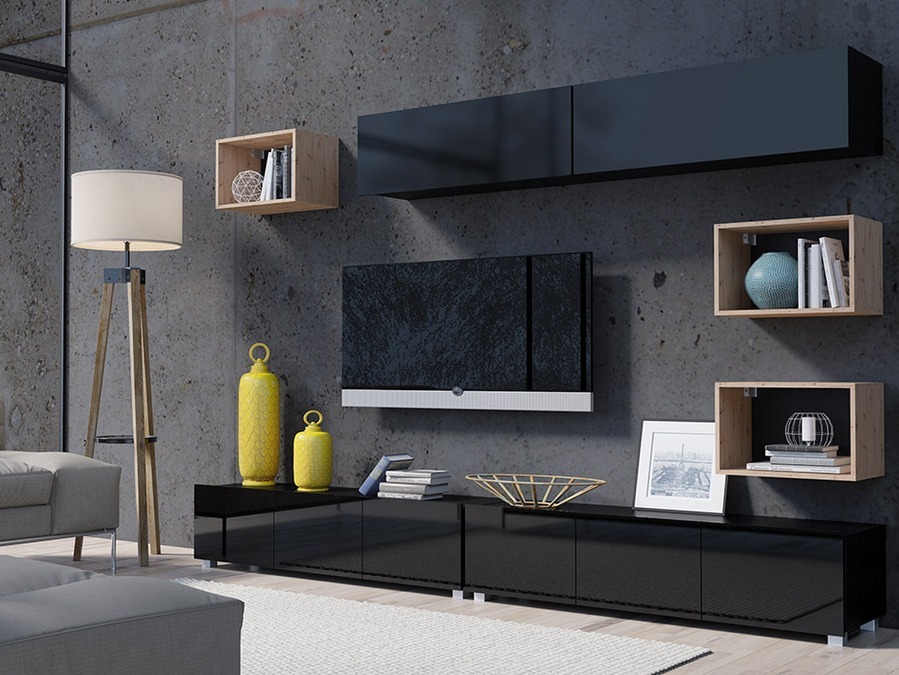 Conjunto para sala de estar Remus XXXI (Preto + Preto brilhante + Carvalho Artisan)