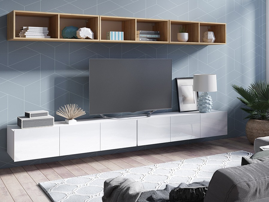 Conjunto para sala de estar Remus XXXIII (Branco + Branco brilhante + Carvalho dourado)