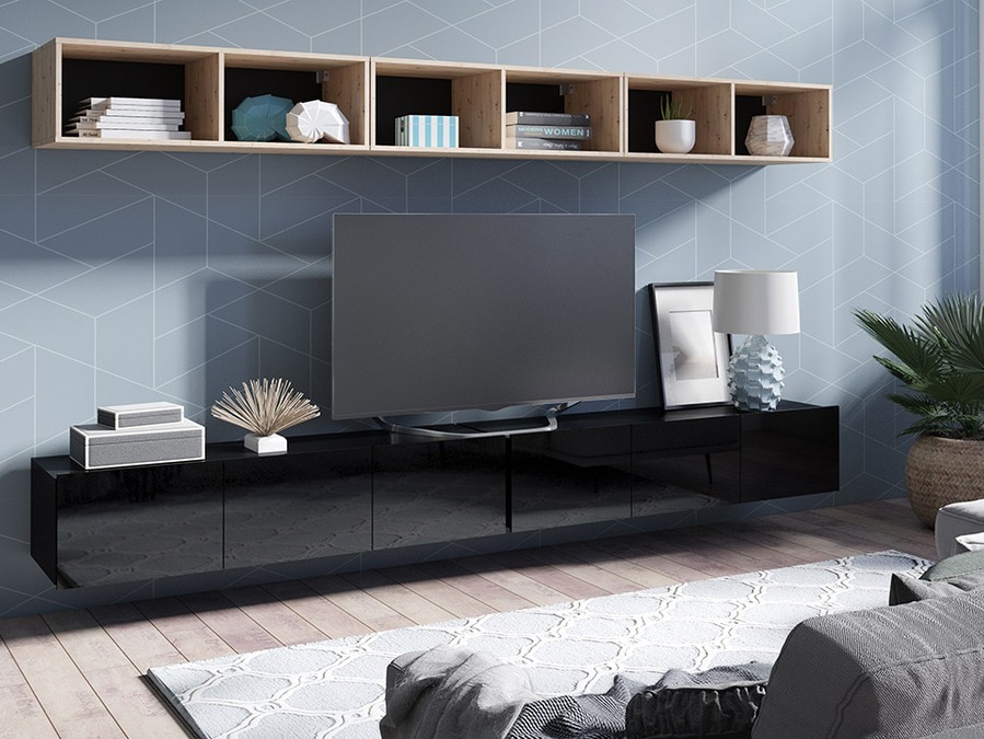 Conjunto para sala de estar Remus XXXIII (Preto + Preto brilhante + Carvalho Artisan)