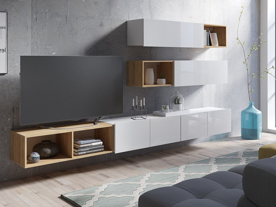 Conjunto para sala de estar Tivdalu 145 (Branco + Branco brilhante + Carvalho dourado)