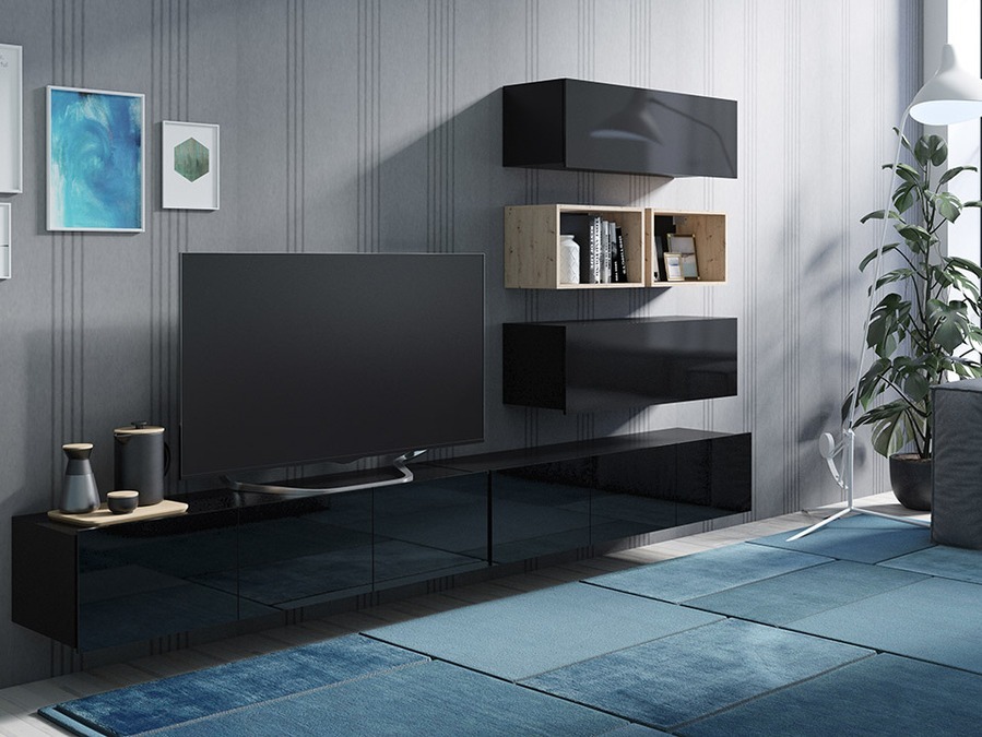 Conjunto para sala de estar Tivdalu 147 (Preto + Preto brilhante + Carvalho Artisan)