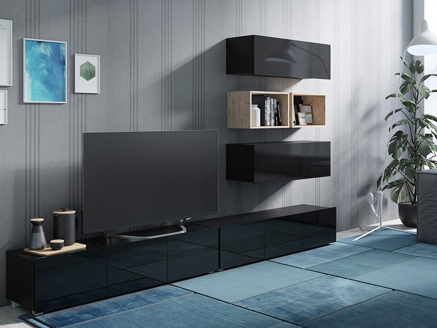 Conjunto para sala de estar Tivdalu 147 (Preto + Preto brilhante + Carvalho Artisan)