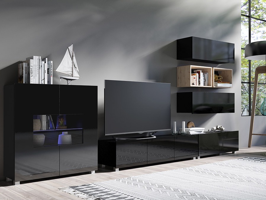 Conjunto para sala de estar Tivdalu 148 (Preto + Preto brilhante + Carvalho Artisan)