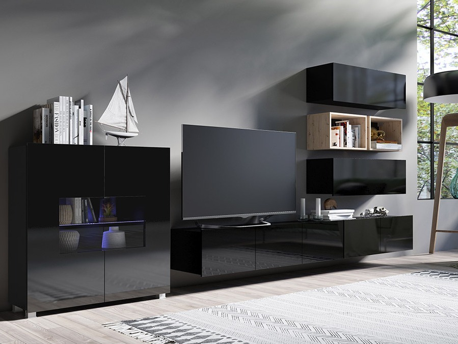 Conjunto para sala de estar Tivdalu 148 (Preto + Preto brilhante + Carvalho Artisan)