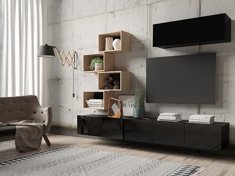 Conjunto para sala de estar Tivdalu 149 (Preto + Preto brilhante + Carvalho Artisan)