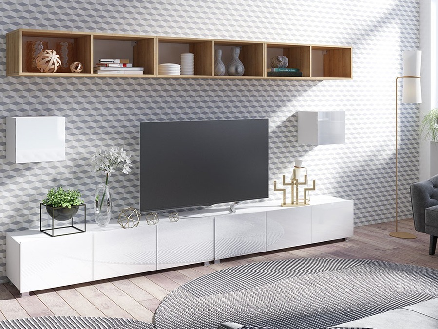 Conjunto para sala de estar Tivdalu 154 (Branco + Branco brilhante + Carvalho dourado)