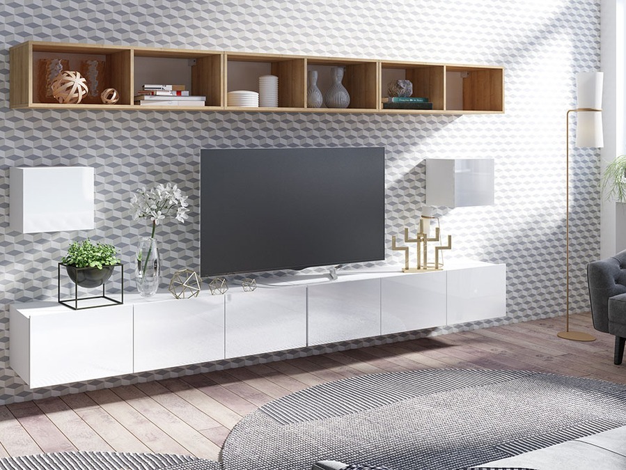 Conjunto para sala de estar Tivdalu 154 (Branco + Branco brilhante + Carvalho dourado)