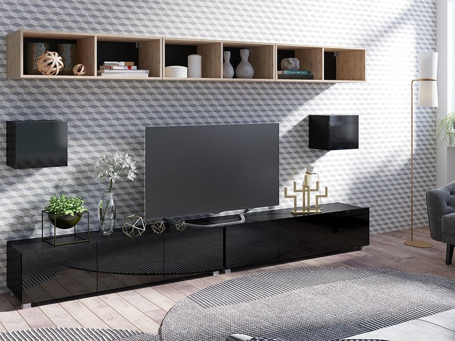 Conjunto para sala de estar Tivdalu 154 (Preto + Preto brilhante + Carvalho Artisan)