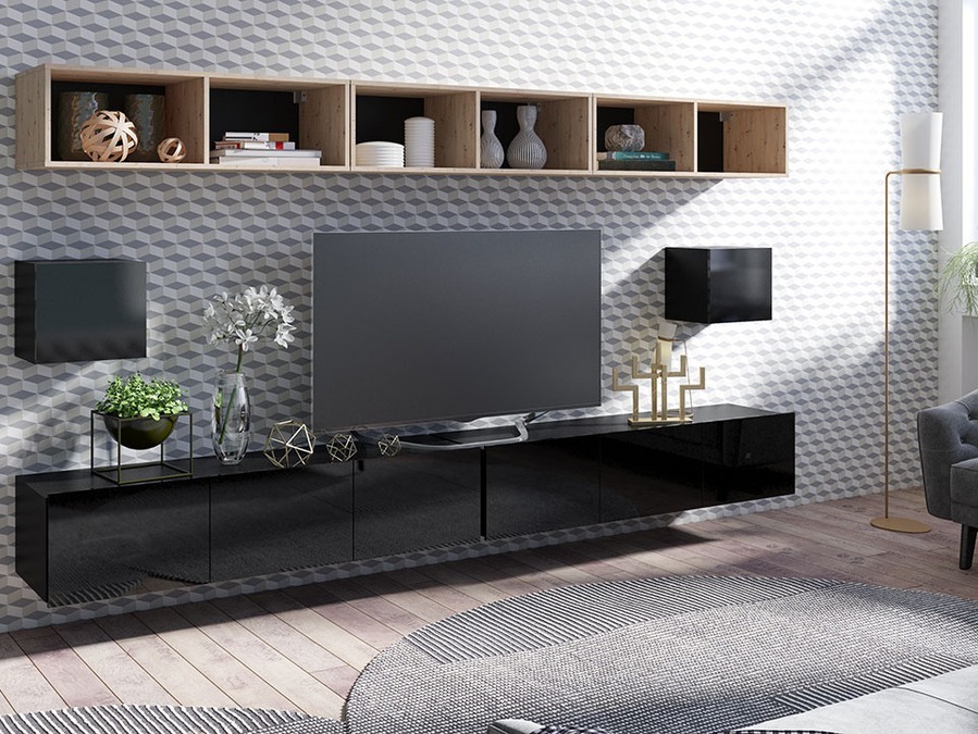 Conjunto para sala de estar Tivdalu 154 (Preto + Preto brilhante + Carvalho Artisan)